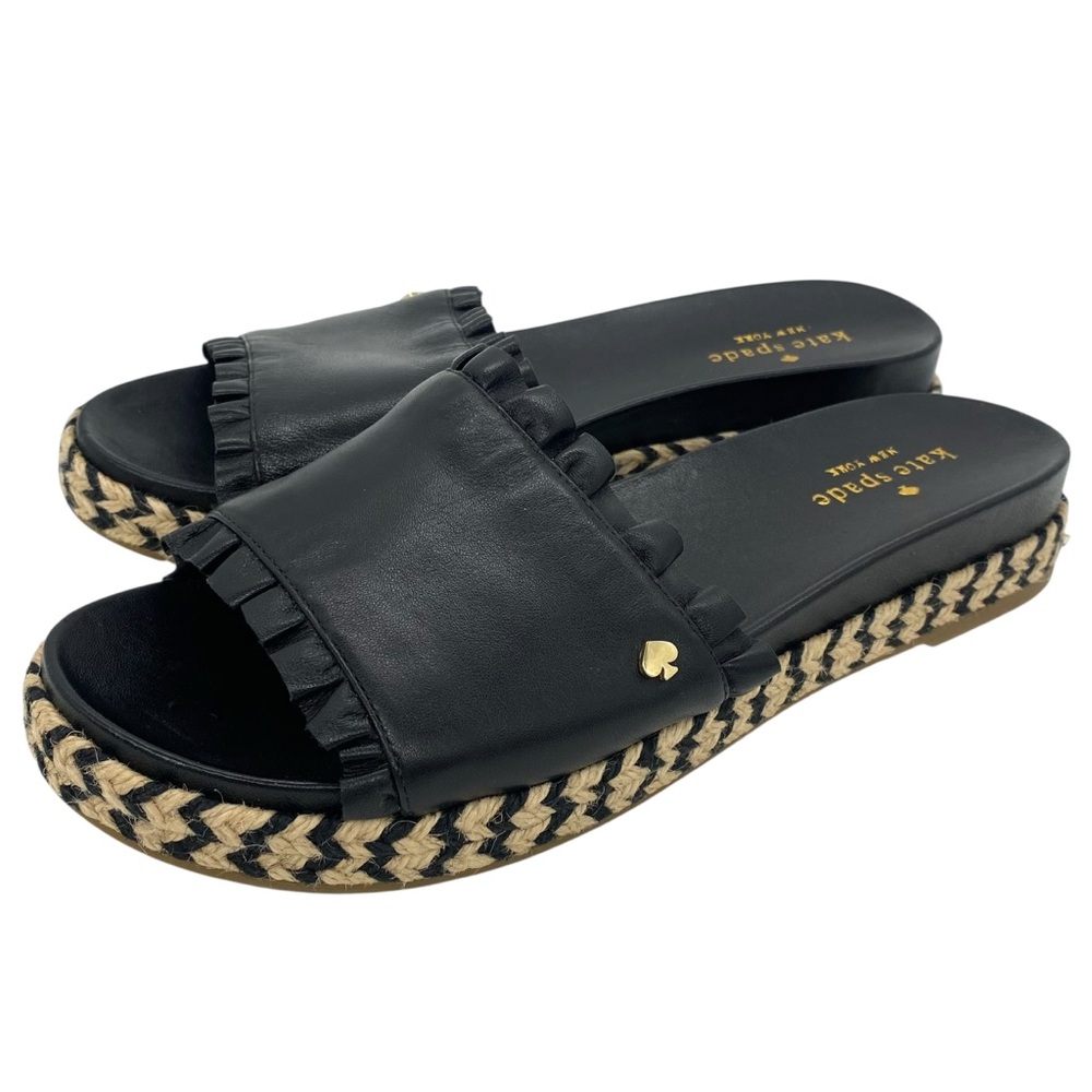 Kate Spade Zahara Black Leather Ruffle Slide Sandals Espadrilles